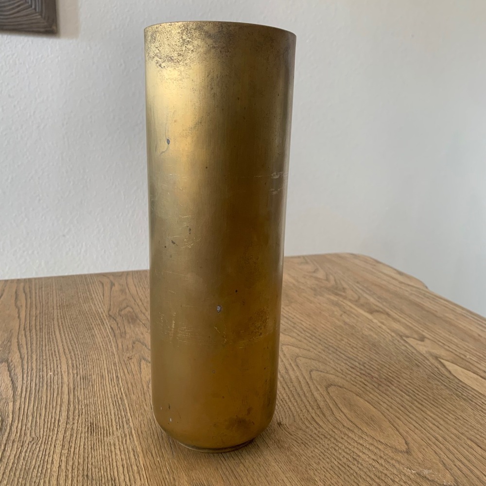 Vintage Mid Century Modern Brass Cylinder Vase Gold Brutalist 10.75 Inch